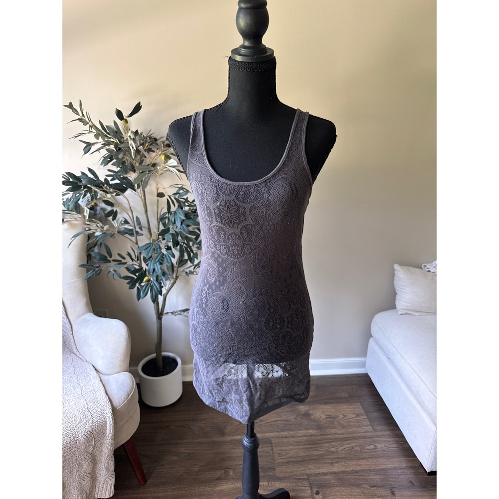 Frenchi Charcoal Gray Floral Lace Racerback Tank Top Large Layering Sheer Scoop